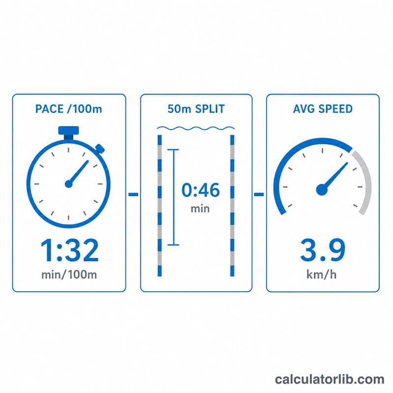 Three panels showing pace per 100m, 50m split, and average speed in km/h