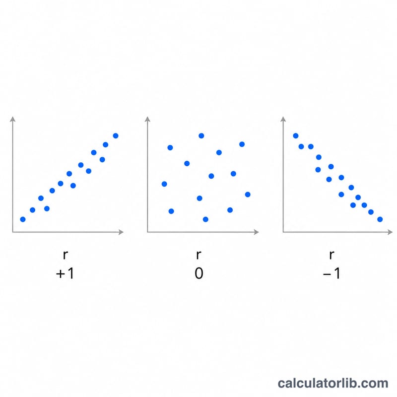 Three small scatter plots showing positive, negative and no correlation