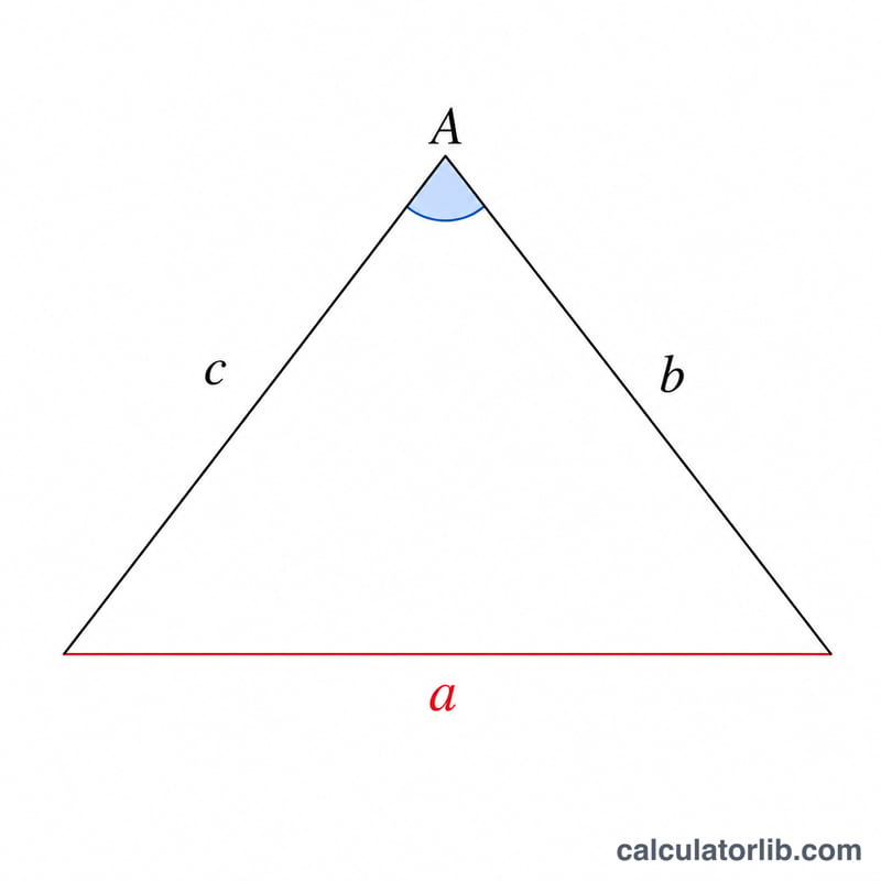 Triangle showing the b squared plus c squared minus a squared relationship around angle A