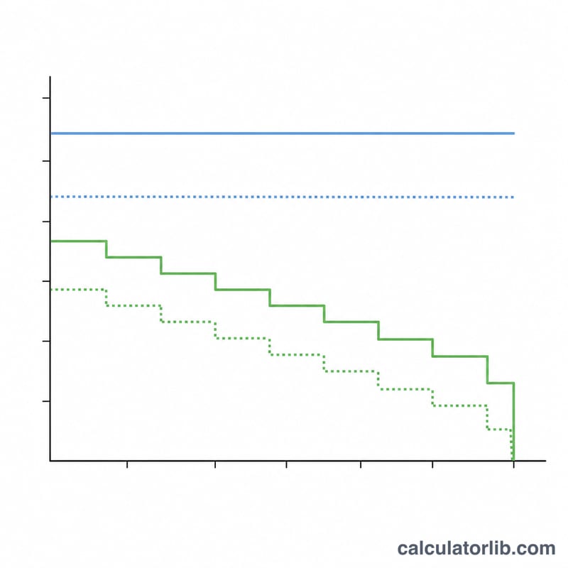 Chart comparing flat interest-only payments and constant principal versus a declining amortizing loan