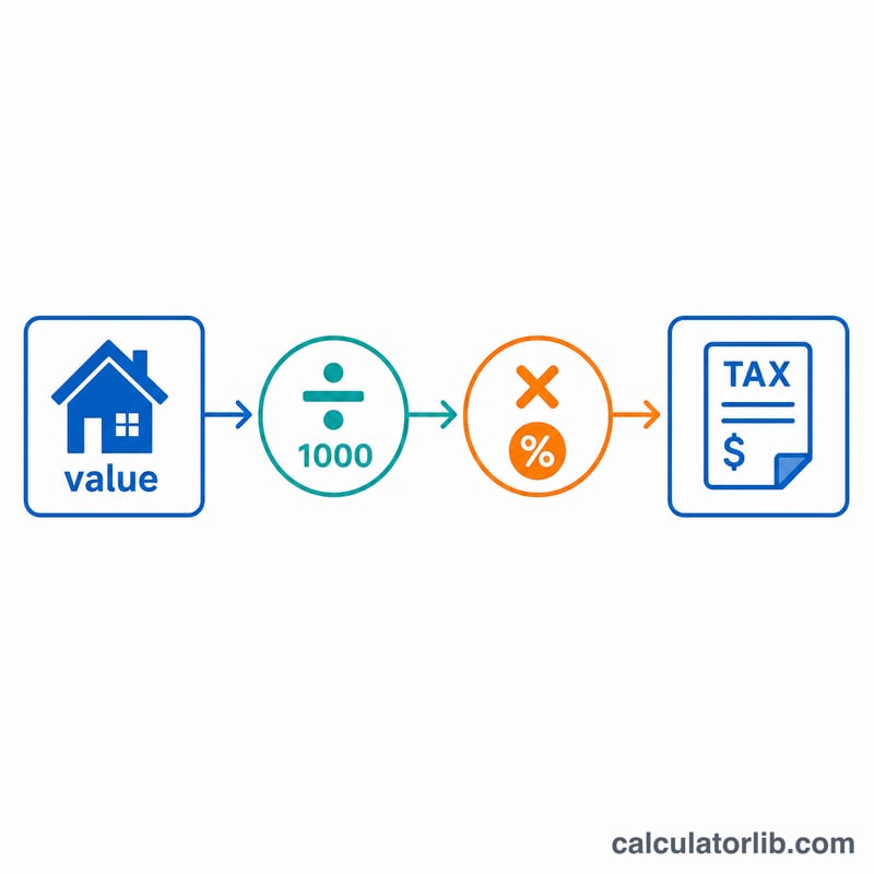 Flat diagram of the property tax formula: assessed value divided by 1000 times mill rate equals tax