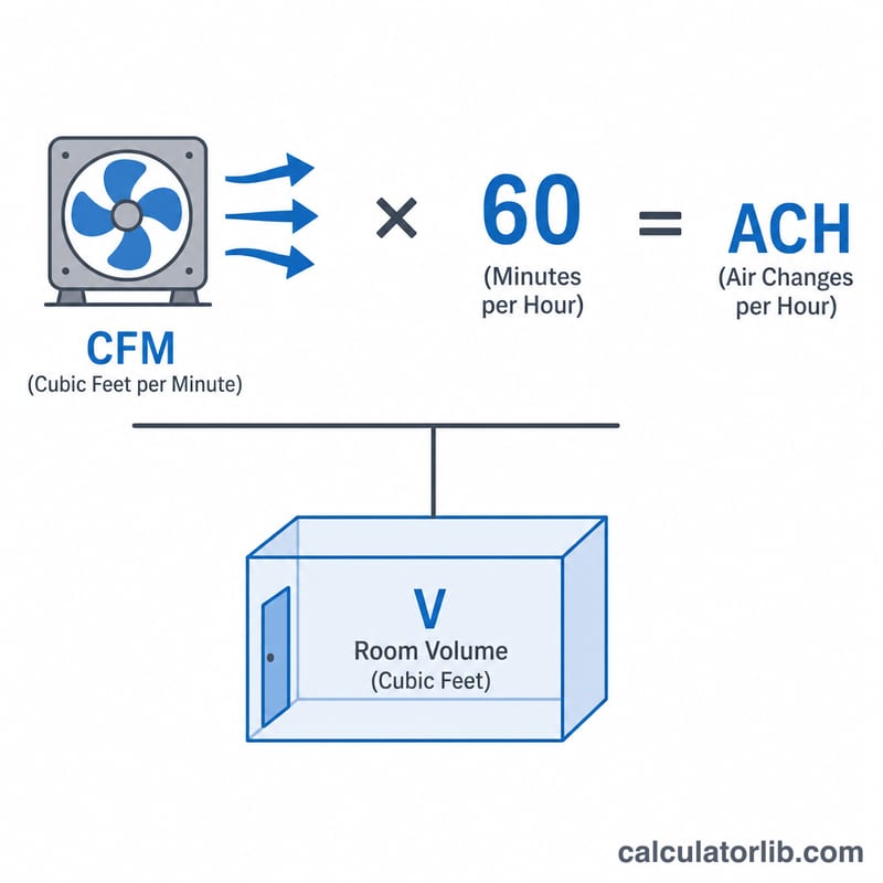 Visual breakdown of ACH formula with CFM, 60 minutes, and room volume