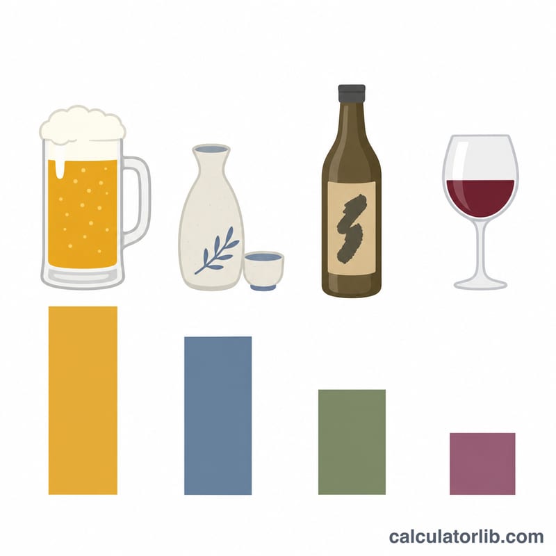 Flat icons of beer mug, sake bottle, shochu bottle and wine glass each with a different tax rate bar