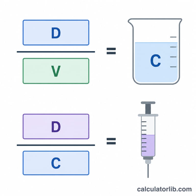 Diagrama que muestra la cantidad total de fármaco dividida por el volumen de diluyente para obtener la concentración, y luego la dosis deseada dividida por la concentración para obtener el volumen de la dosis