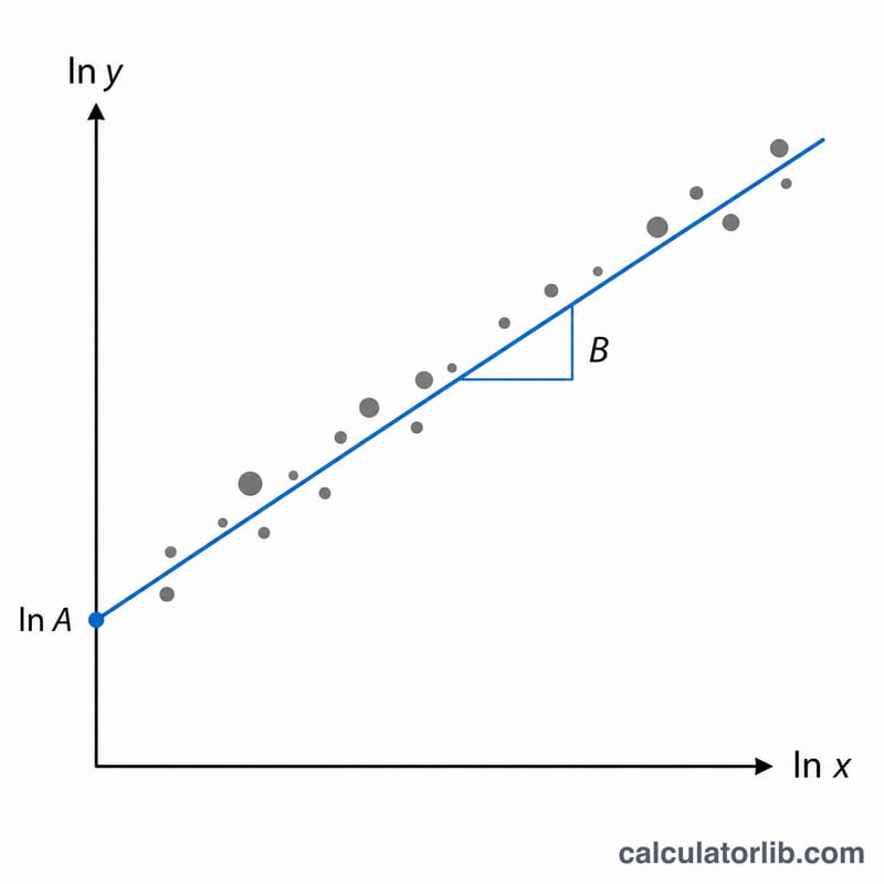 Same data transformed into log-log space showing points falling along a straight line