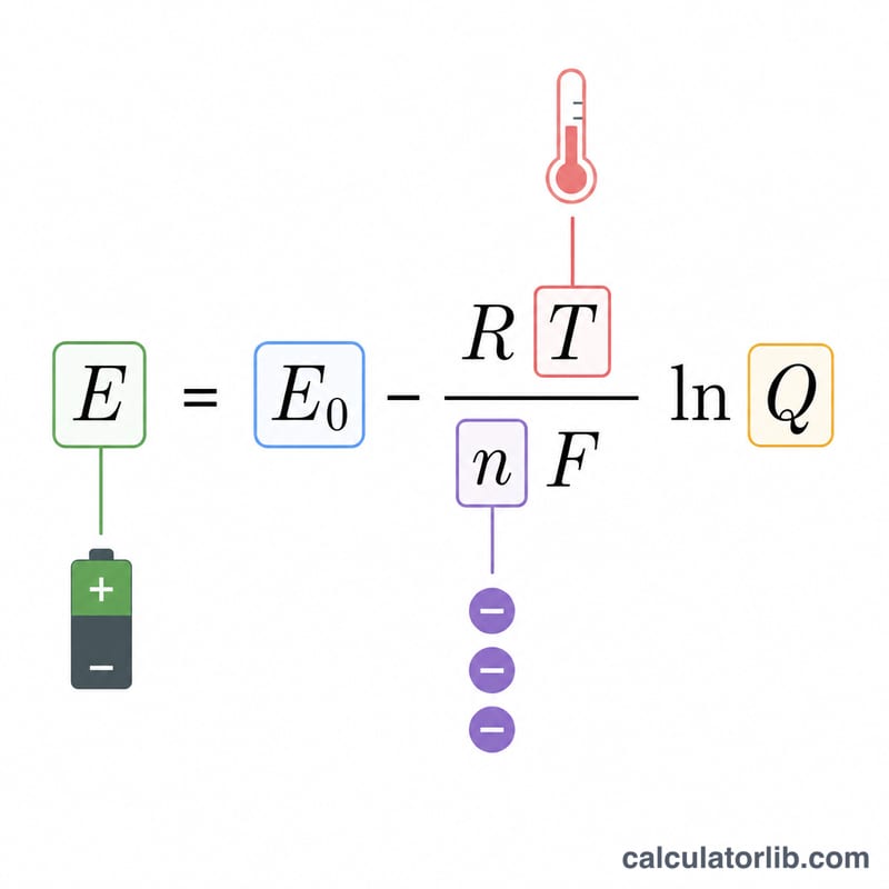 Annotated breakdown of the Nernst equation showing each term: E, E standard, R, T, n, F, and ln Q.