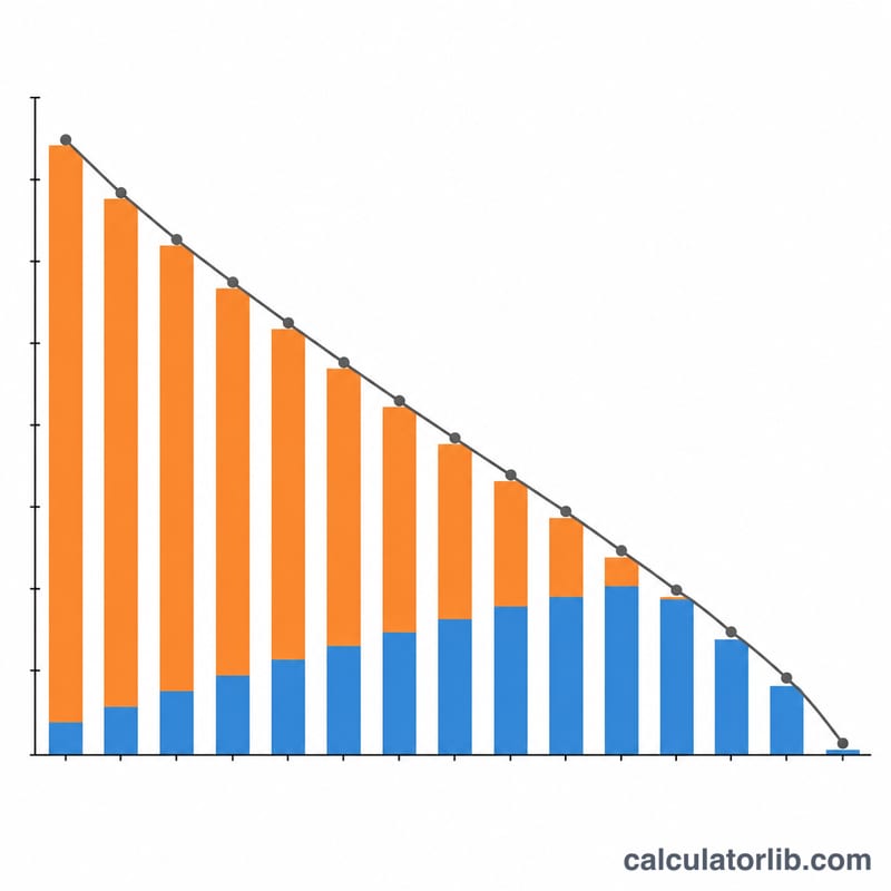 Chart showing loan balance falling while principal share of payments rises and interest share falls