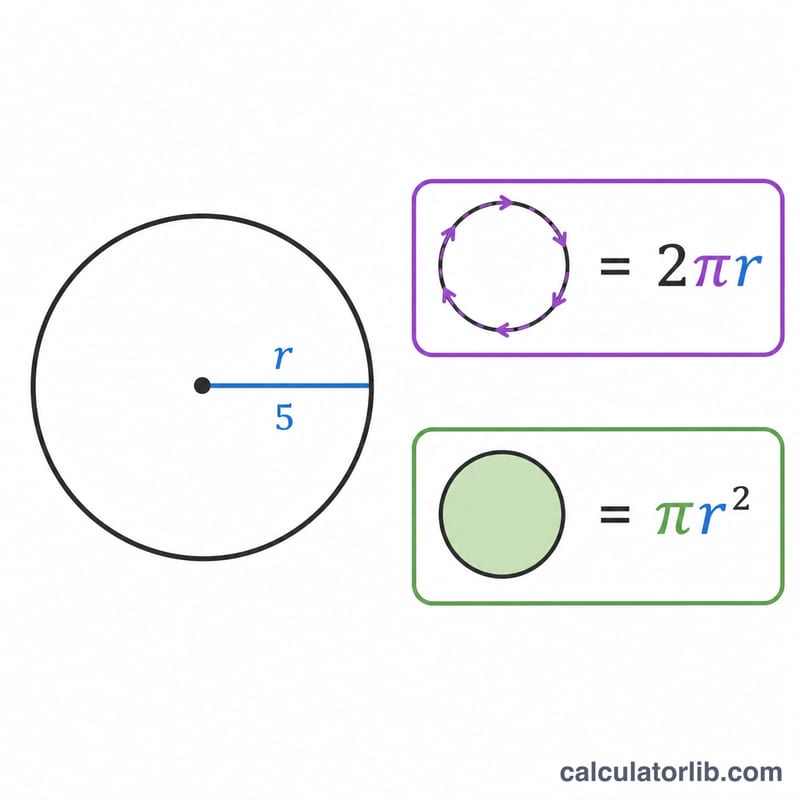 Cercle avec rayon annoté à côté des symboles de circonférence et d’aire