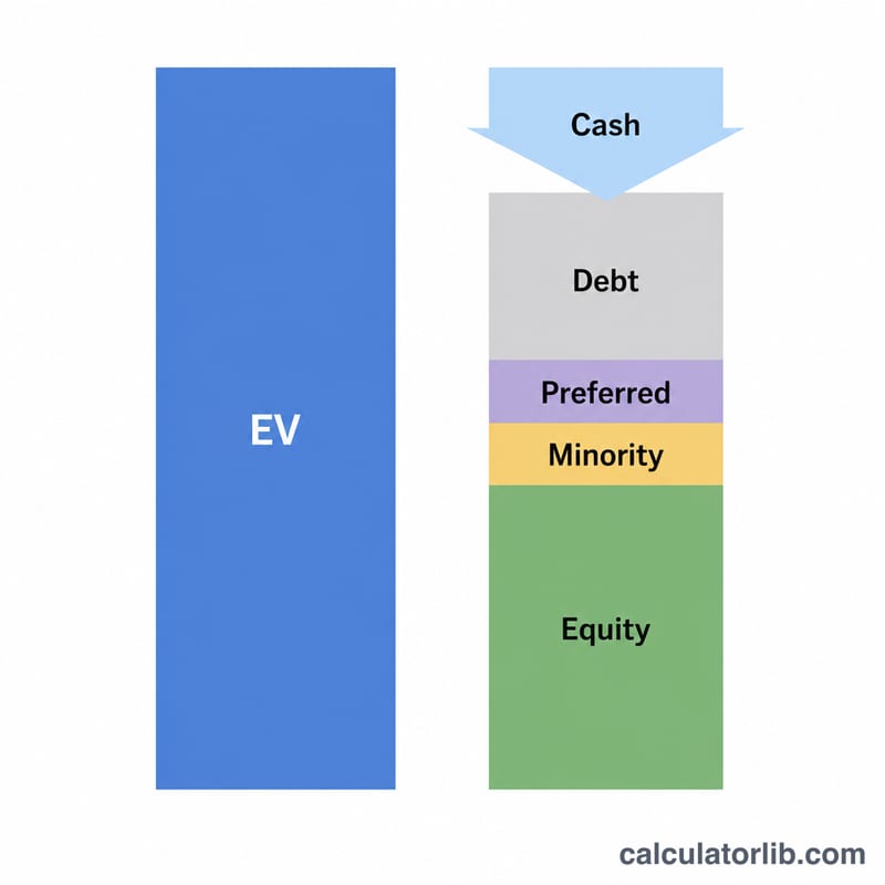 Stacked capital structure showing equity value and net debt components making up enterprise value