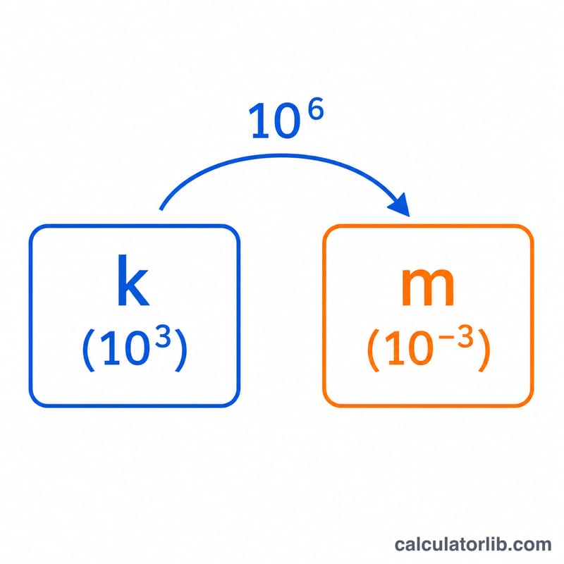 Diagram showing conversion between two prefixes using exponent difference