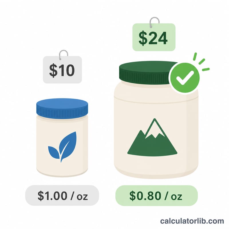 Two product packages side by side with their per-ounce prices compared