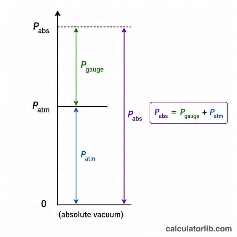 Diagram showing absolute pressure equals gauge pressure plus atmospheric pressure