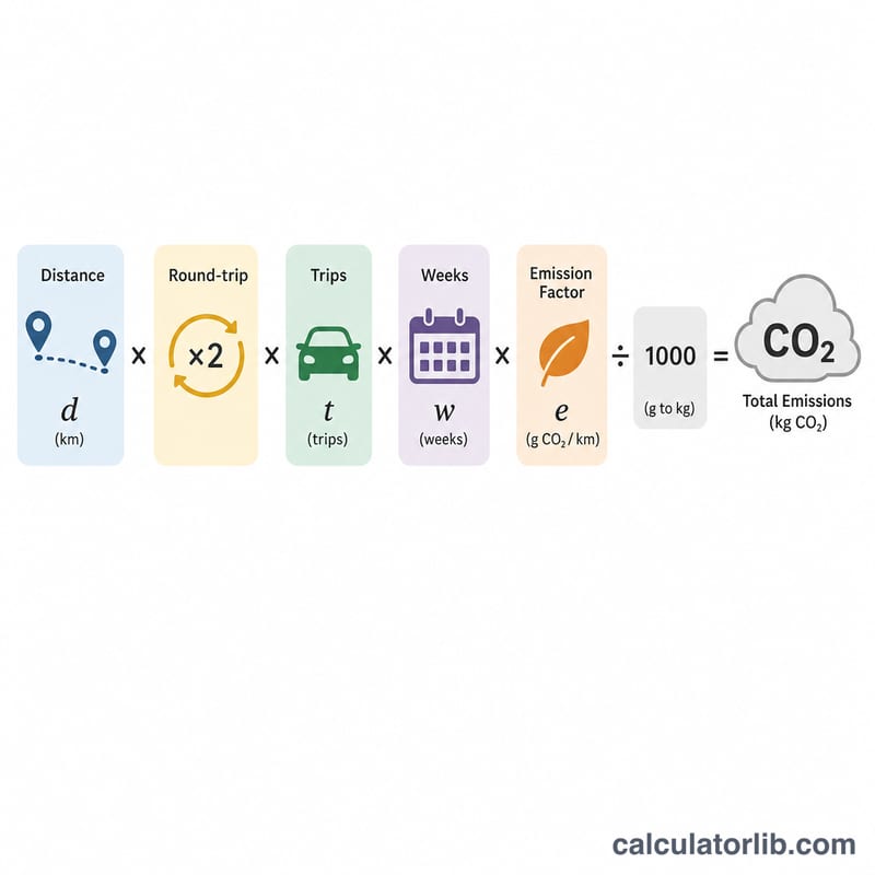 Diagram of formula factors distance, trips, weeks and emission factor combining into CO2 savings