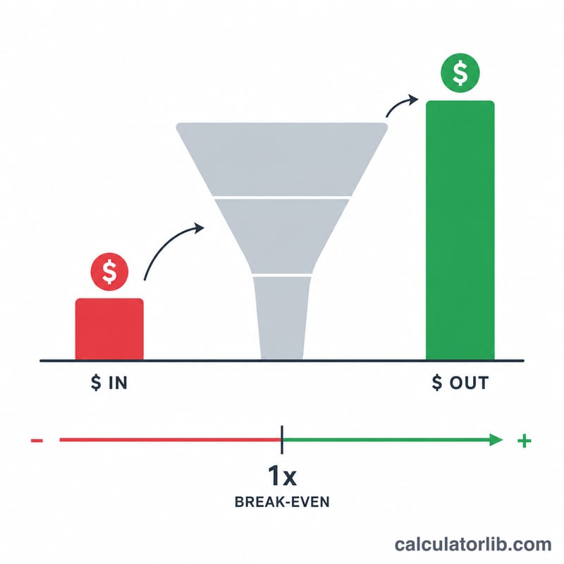 Bar comparison of ad spend versus revenue with a break-even scale at 1x