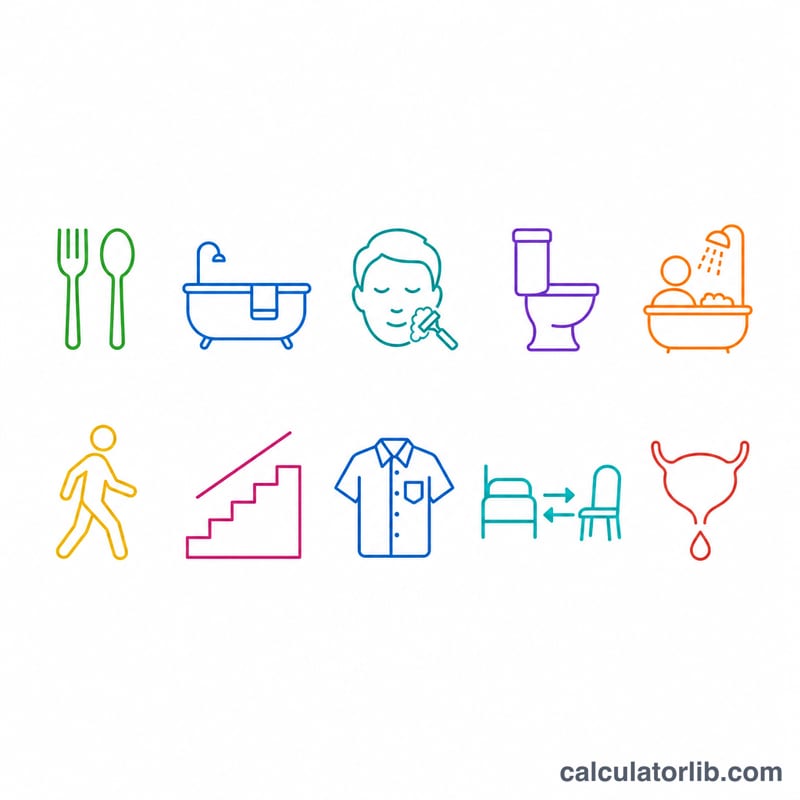 Ten flat icons representing the ten Barthel activities of daily living