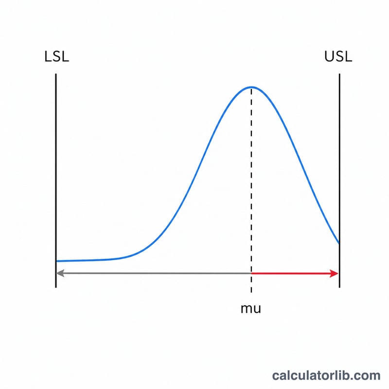 Off-center bell curve closer to the upper spec limit showing the smaller of two distances determines Cpk