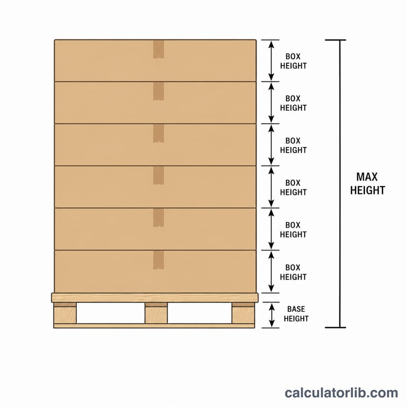 Side view of stacked box layers on a pallet with height dimensions marked