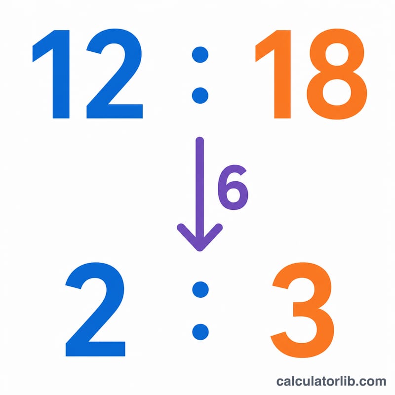 Worked example reducing the ratio 12 to 18 by dividing both by 6 to get 2 to 3