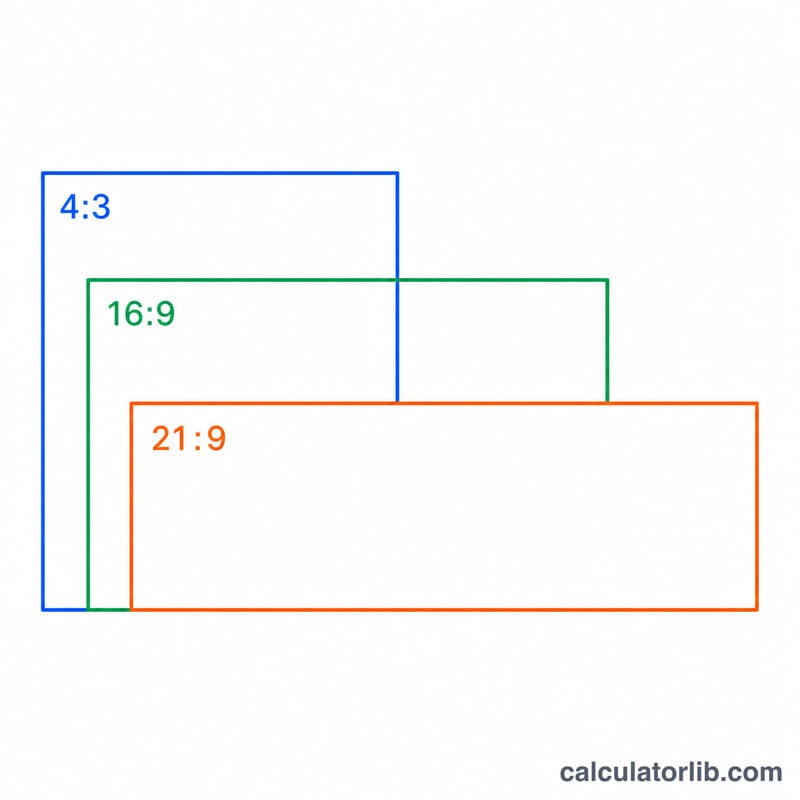 Three screen rectangles showing 4:3, 16:9 and 21:9 aspect ratios at the same diagonal