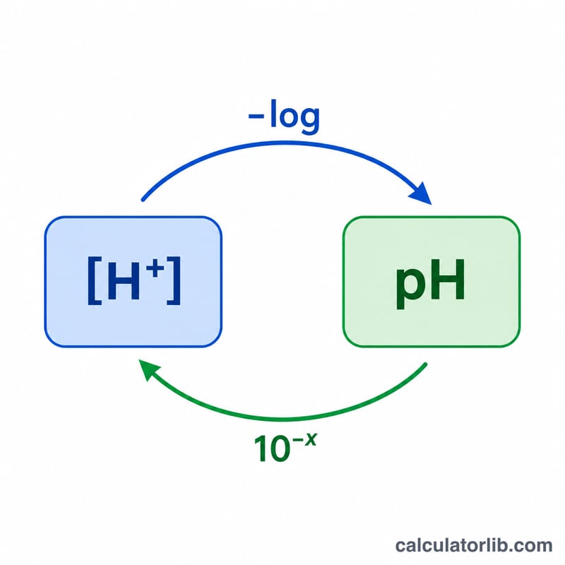 Diagram showing two arrows: concentration converting to pH via negative log, and pH converting back to concentration via ten to the negative power.