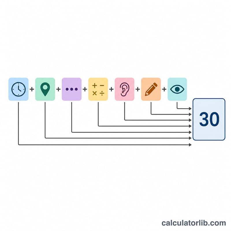 Flat diagram of seven labeled blocks adding up into a single total box