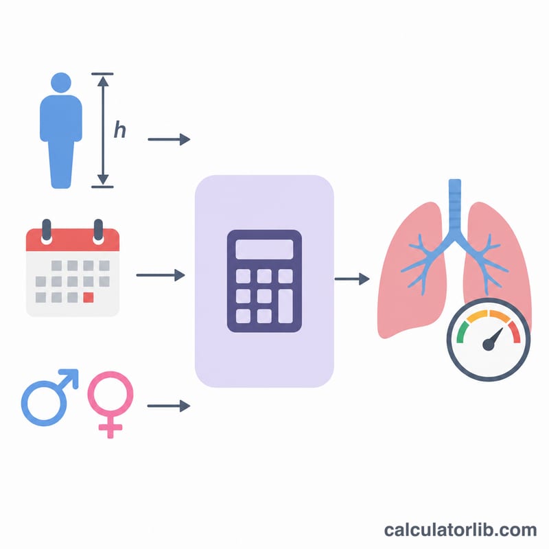 Illustration of the inputs age, sex and height feeding into a vital capacity prediction formula