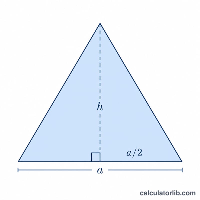 Equilateral triangle showing side a, height h, and the area formula components