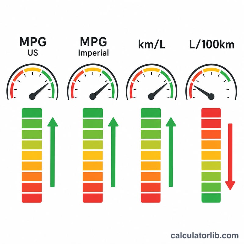 美制 MPG、英制 MPG、每公升公里數與每百公里公升數單位的比較