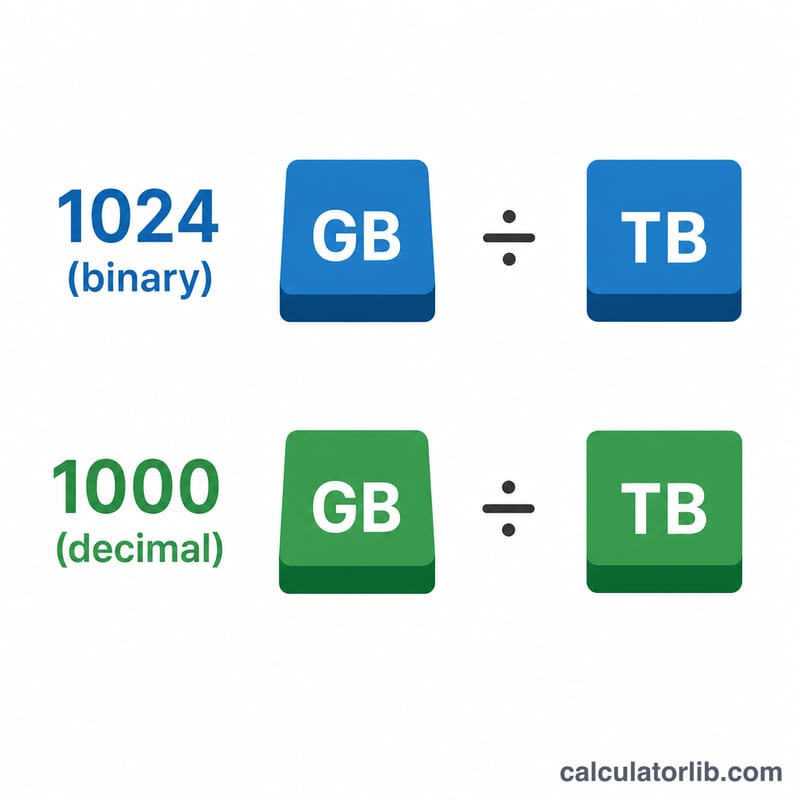 Side-by-side comparison of dividing GB by 1024 versus 1000 to get TB