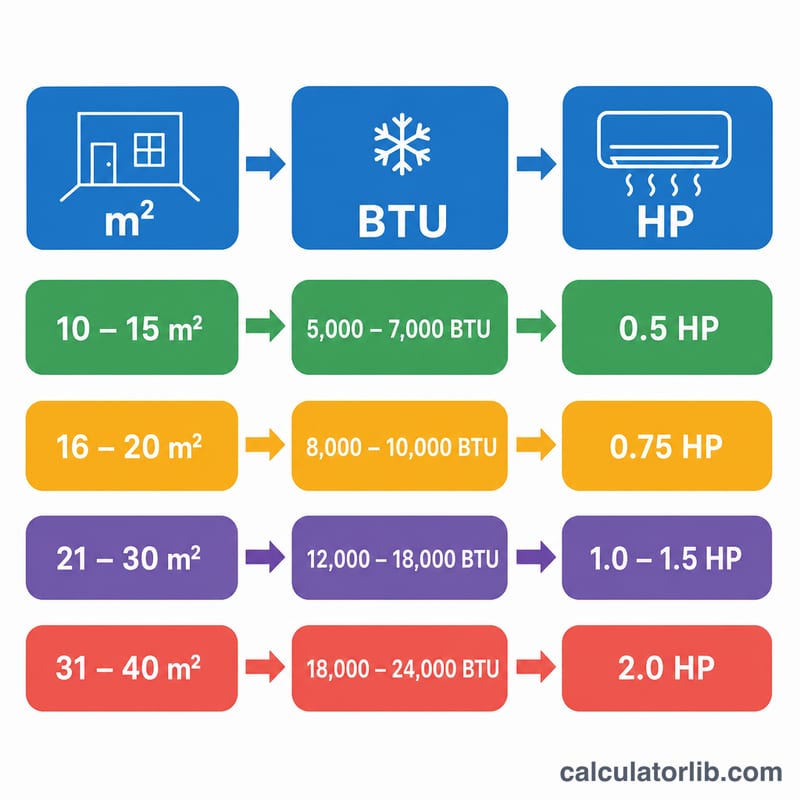 Flow from room area to BTU cooling capacity to recommended AC horsepower