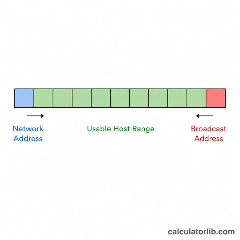 Range bar showing network address at the start, broadcast address at the end, and usable hosts in between