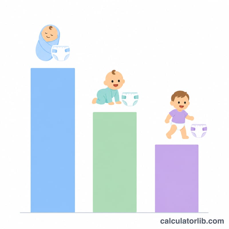 Biểu đồ cột cho thấy lượng tã dùng mỗi ngày giảm dần khi bé lớn lên