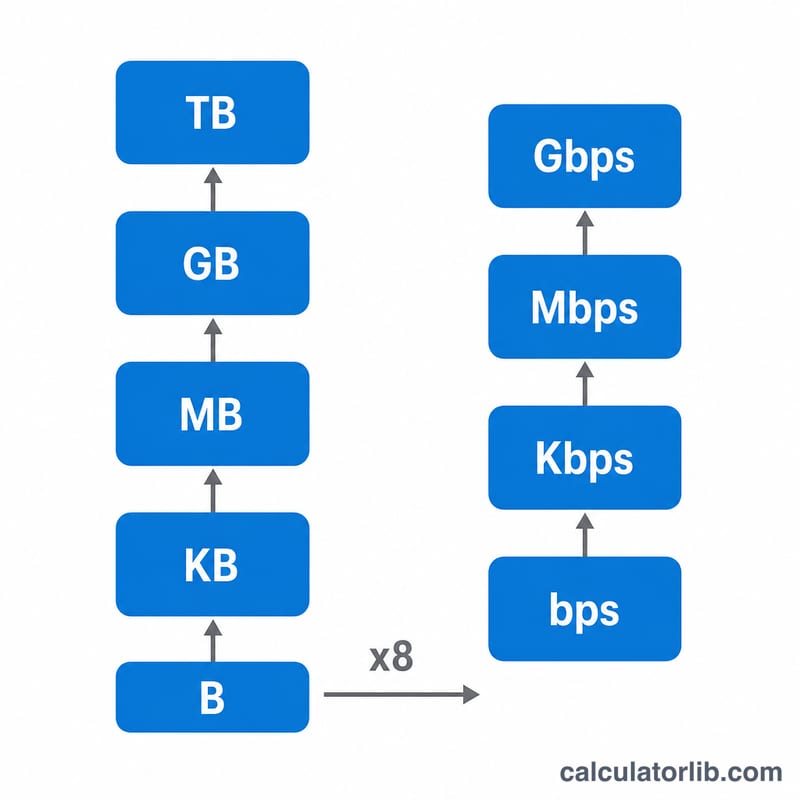 Two stacked unit ladders showing data size units and bandwidth rate units linked by a bits-to-bytes factor of 8