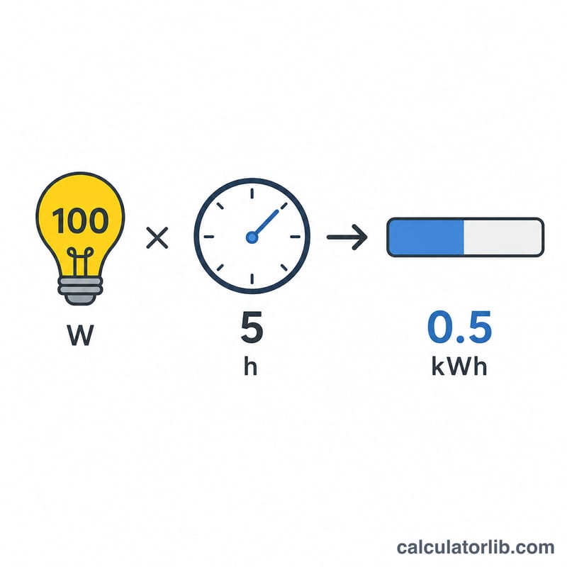 Bar comparison of a 100 watt device running for 5 hours converting to 0.5 kilowatt-hours