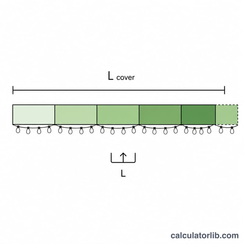 Diagram showing a long span divided by repeated equal-length light strings rounded up to whole strings