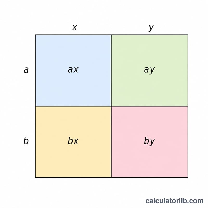 Rectangle area model split into four sub-rectangles representing ax, ay, bx, by