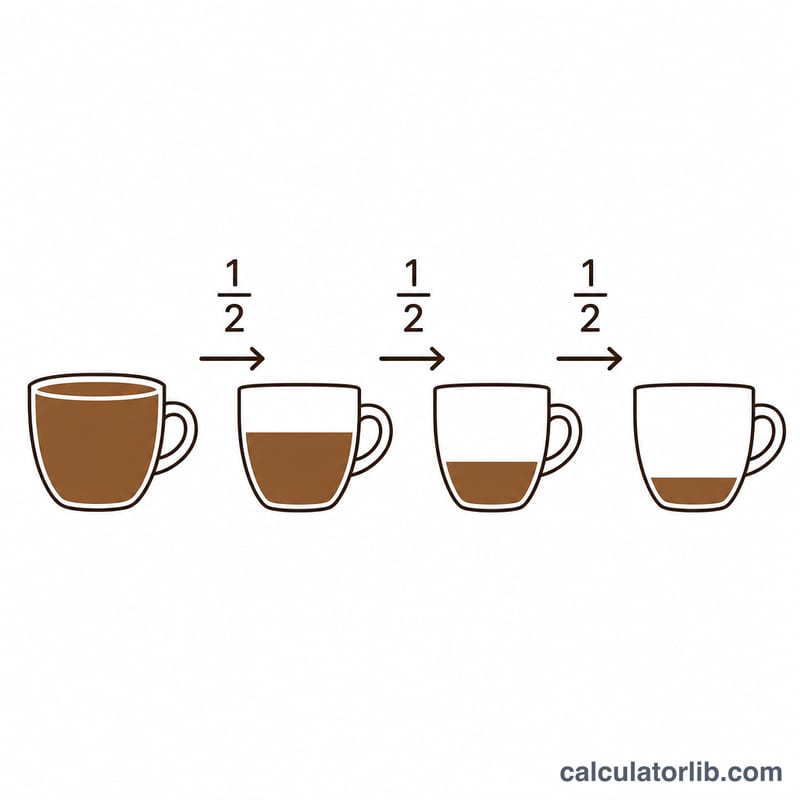 Taza de café que pierde la mitad de su cafeína en intervalos sucesivos de 5,7 horas