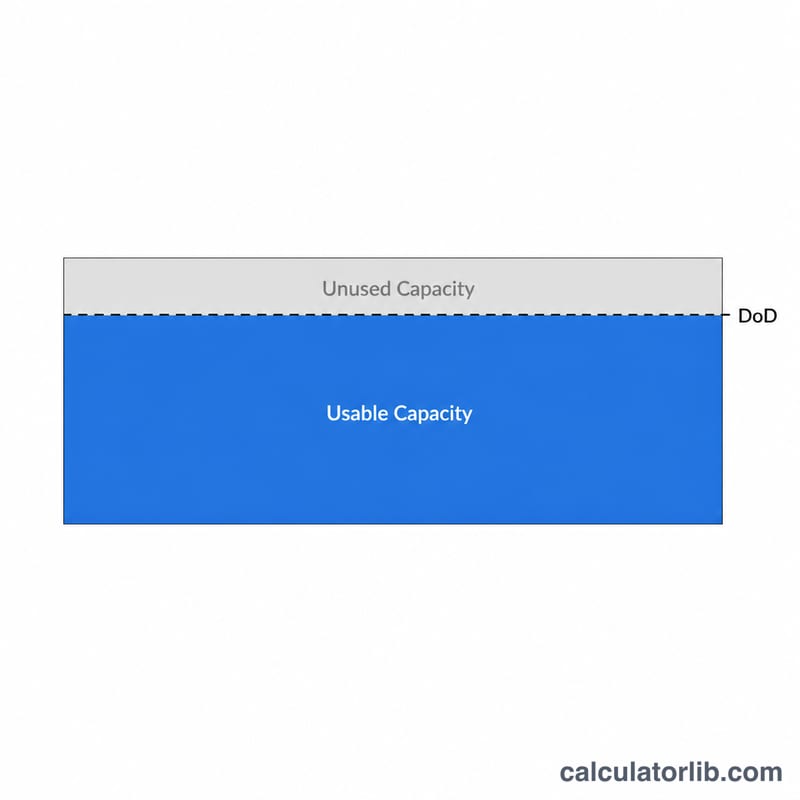 Bar diagram showing usable battery capacity versus depth of discharge limit