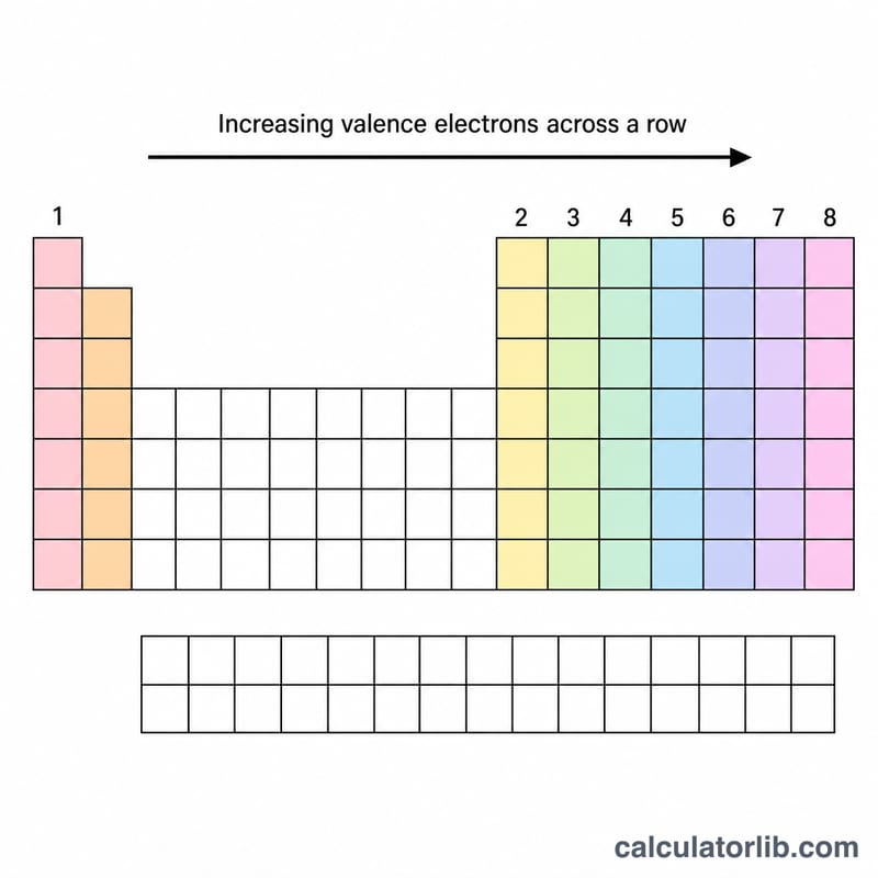 Periodic table columns showing valence electron counts increasing across a period