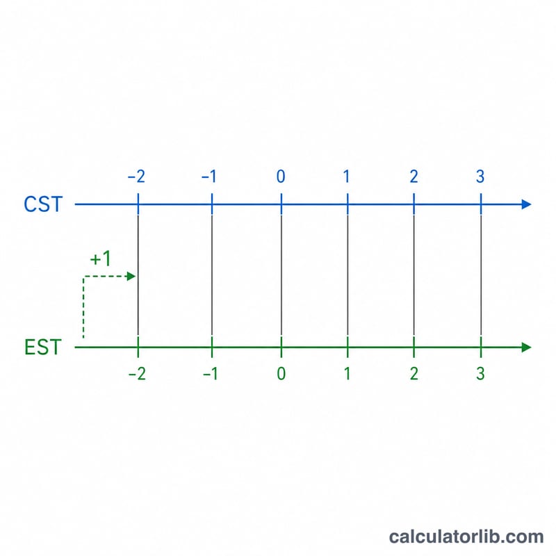 Horizontal timeline mapping CST hours to EST hours offset by one
