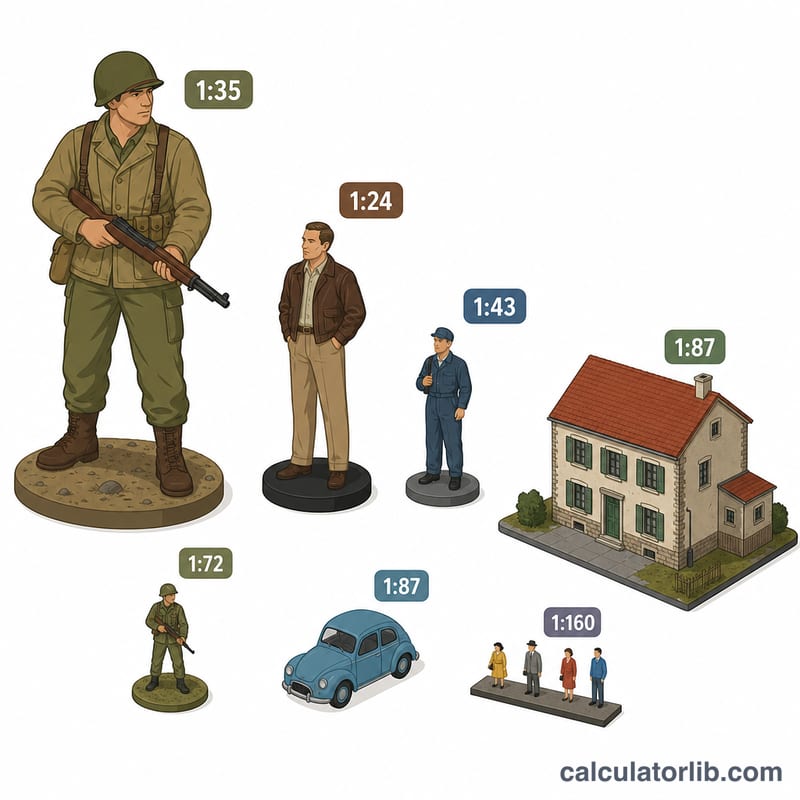 Diorama với các hình thu nhỏ và tòa nhà ở các tỷ lệ phổ biến khác nhau