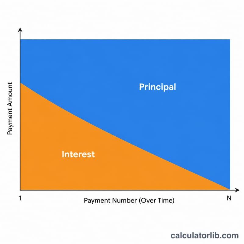 Amortization chart over loan term showing interest shrinking and principal growing