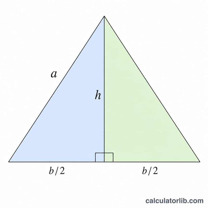 Isosceles triangle split by its height into two equal right triangles with legs b/2 and h and hypotenuse a