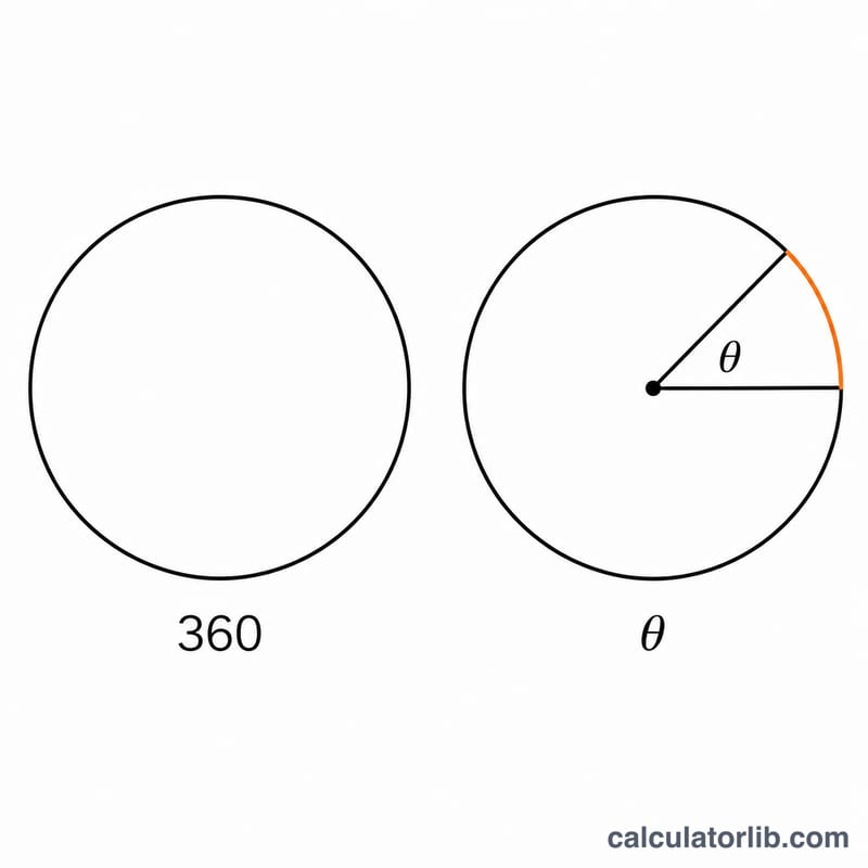 Cercle complet de 360 degrés comparé à une portion fractionnaire theta