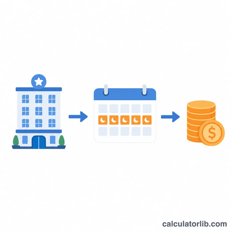 Hotel room rate per night multiplied across nights with tax added