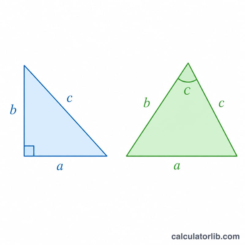 Right triangle versus general triangle illustrating the cosine correction term