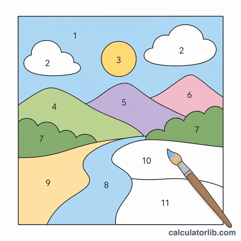 Paint-by-numbers canvas with numbered regions being filled with color