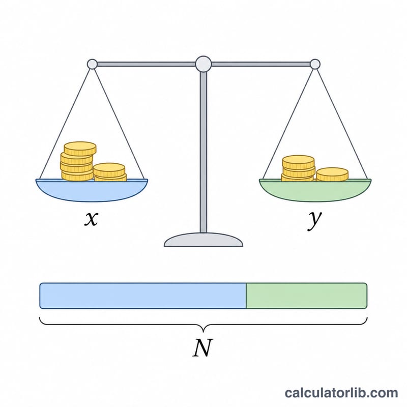 Droite numérique en équilibre illustrant la substitution algébrique pour trouver deux quantités de pièces