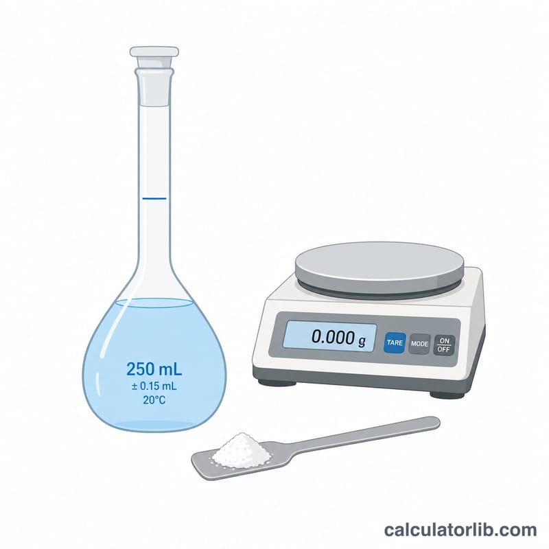 Volumetric flask, weighed solute powder, and a balance scale