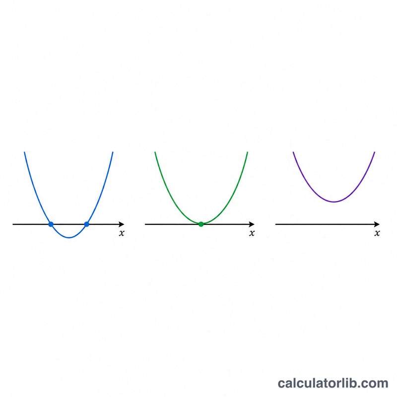 Three parabolas showing two real roots, one repeated root, and no real roots